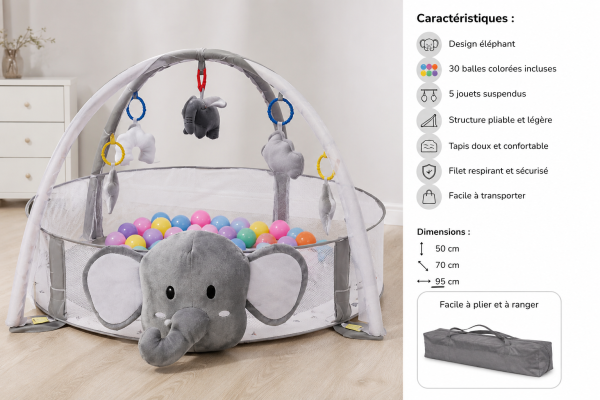 Parc de Jeu Bébé Éléphant avec 30 Balles