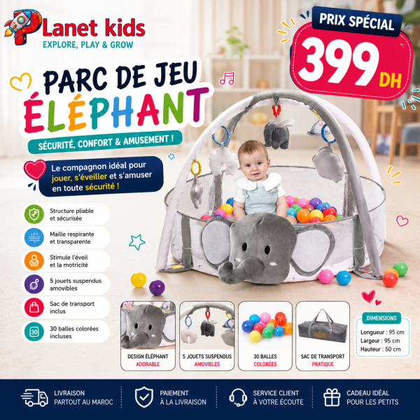 Parc de Jeu Bébé Éléphant avec 30 Balles