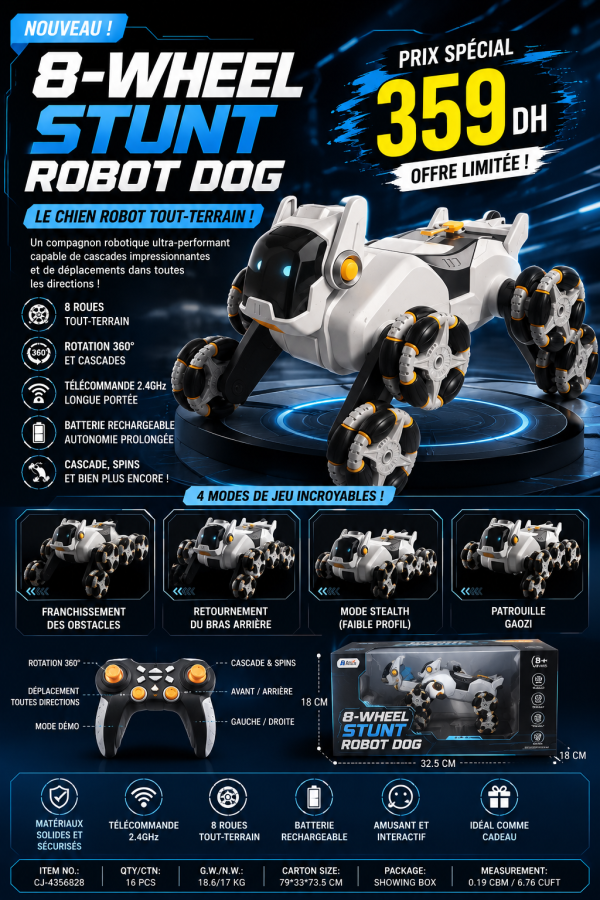 Robot Dog 8 Roues Stunt RC – Cascades 360° & Mode Tout-Terrain
