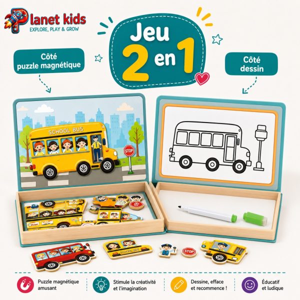 9117083e-c51d-4688-a737-51687c45dca7 Puzzle Magnétique Éducatif – Thème Véhicules & Bus Scolaire