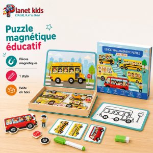 9bcda5c6-29fe-484b-859a-eaa71349b067 Puzzle Magnétique Éducatif – Thème Véhicules & Bus Scolaire
