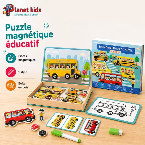 9bcda5c6-29fe-484b-859a-eaa71349b067 Puzzle Magnétique Éducatif – Thème Véhicules & Bus Scolaire